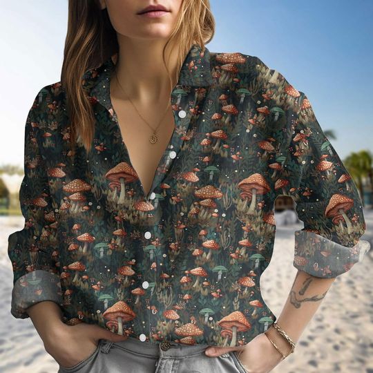 Mushroom Women Blouses, Nature Lover Long Sleeve Shirt, Botanical Summer Shirt, Cottagecore Blouse, Autumn Outfit, Gift For Fall Lover