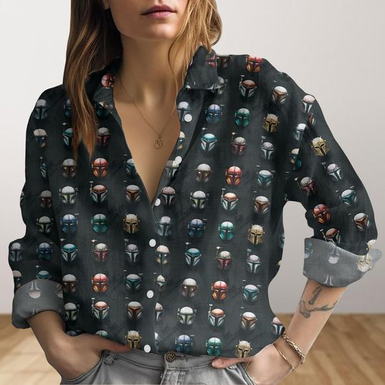 The Mandalorian Look-Linen Shirt, Star Wars Blouse Women Shirt, Funny Disney Summer Vacation Shirt, Galaxy's Edge Shirt, Aloha Shirt