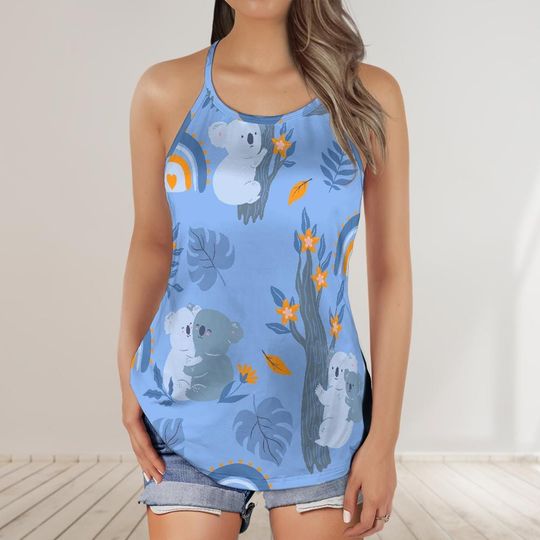 Koala Print Criss Cross Tank Top for Women - Cute Animal Open Back Camisole - Lightweight Summer Top