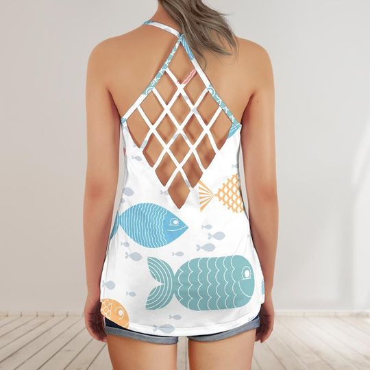 Criss Cross Open Back Tank Top - All-Over Print Sleeveless Camisole for Summer
