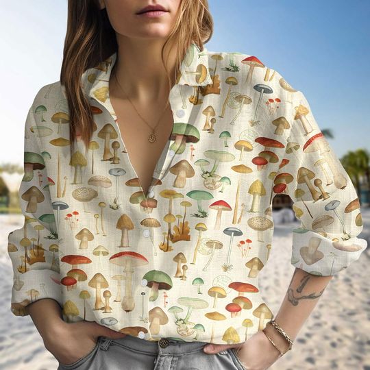 Mushroom Women Blouse, Nature Lover Button Up Shirt, Mushroom Collector Long Sleeve Shirt, Gardener Shirt, Gift for Mushroom Hobbies