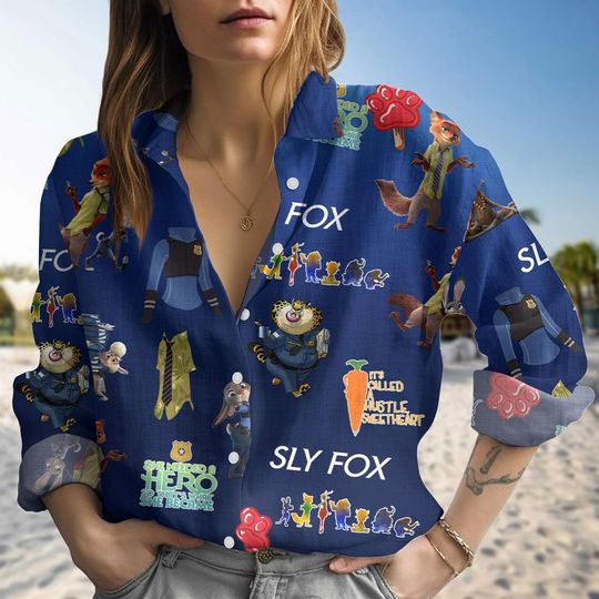 Disney Zootopia Characters Women Blouse, Disneyworld Button Up Shirt, Judy Hopps Nick Wilde Priscilla Linen-Look Shirt, Disneyland Trip