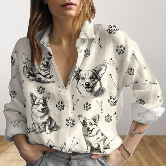 Vintage Corgi Blouses Shirt, Corgi Dog Shirt, Dog Mom Women Blouse, Corgi Mom Button Up Shirt, Tropical Shirt, Aloha Shirt, Gift For Her