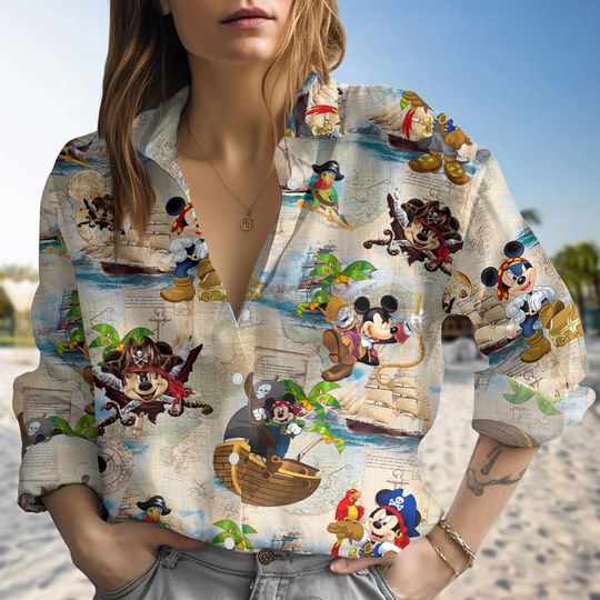 Disney Mickey Mouse Pirate Treasure Map Linen-Look Shirt, Mickey Button Up Shirt, Disneyland Summer Shirt, Disney World Women Blouse