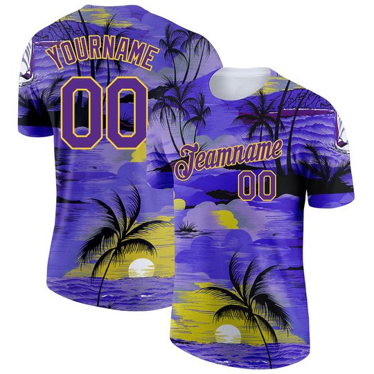 Custom Purple Yellow 3D Pattern Design Sun Beach Hawaii Palm Trees Performance T