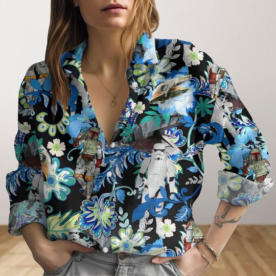 Star Wars Stormtrooper Boba Fett Women's Blouse, Disney Movie Button Shirt, Tropical Shirt, Disney Summer Shirt, Long Sleeve Shirt