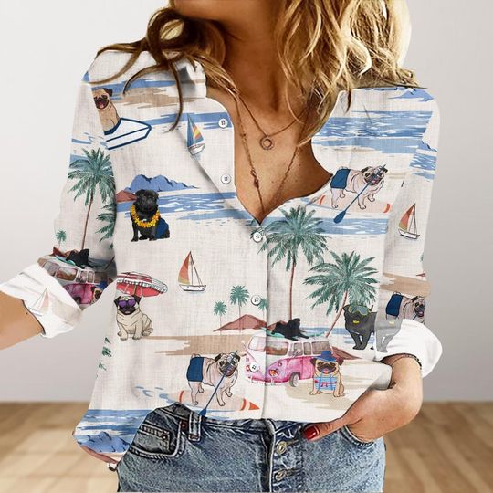 Pug Dog Shirt, Dog Mom Blouses Shirt, Dog Dad Women Blouse, Pug Lover Tropical Shirt, Pug Owner Button Shirt, Hawaii Shirt,Dog Lover Gift