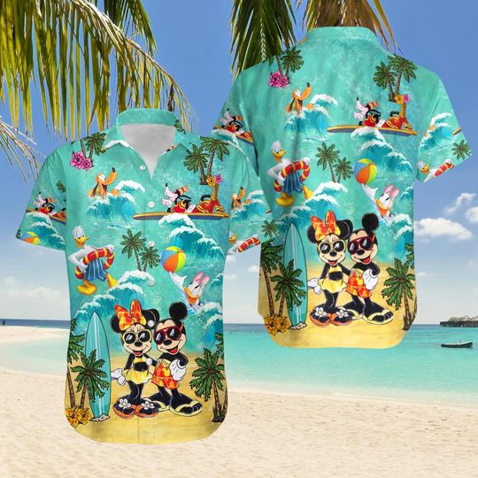 Mickey and Minnie Beach Hawaiian Shirt, Donald Daisy Surf Summer Shirt, Disney Aloha Vacation Shirt for Family Trip
