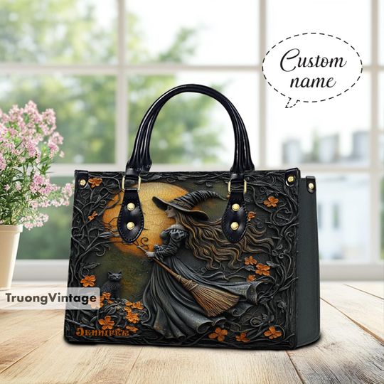 Personalized Witch Art Print Handbag With Handle, Personalized Witch Leather Handbag, Witchy Gothic Bags, Gift For Mom