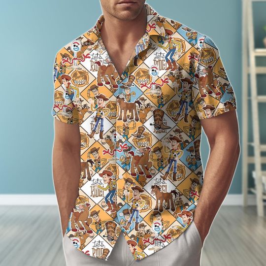 Toy Story Cowboy Hawaiian Shirt, Lets Ride Man Shorts, Disney Pixar Summer Outfit, Gift for Him, Disney Pixar Button Shirt