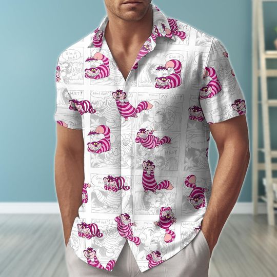 Cheshire Cat Comic Hawaii Shirt, Alice in Wonderland Man Shorts, Grinning Cat Button Shirt, Mad Here Gift Shirt