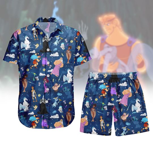 Hercules Disney Button Shirt, Cartoon Characters Hawaiian Shirt, Beach Shorts Men, Greek Mythology Vacation Shirt, Disneyland Shirts