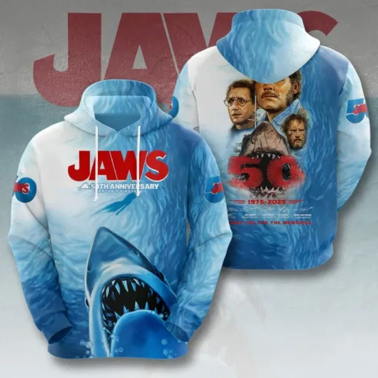 Jaws Movie 50 Years 1975-2025 Thank For The Memories 3D Unisex Hoodie LH1459
