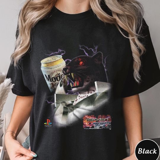 Tekken Tag Tournament Retro Shirt  Panther Beer Collage Tee, Vintage PlayStation Graphic T-Shirt, 90s Gaming Style Shirt, Unisex Streetwear