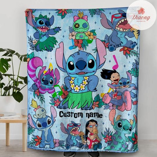Personalized Lilo & Stitch Fleece Blanket, Ohana Means Family Design, Cute Disney Gift Blanket