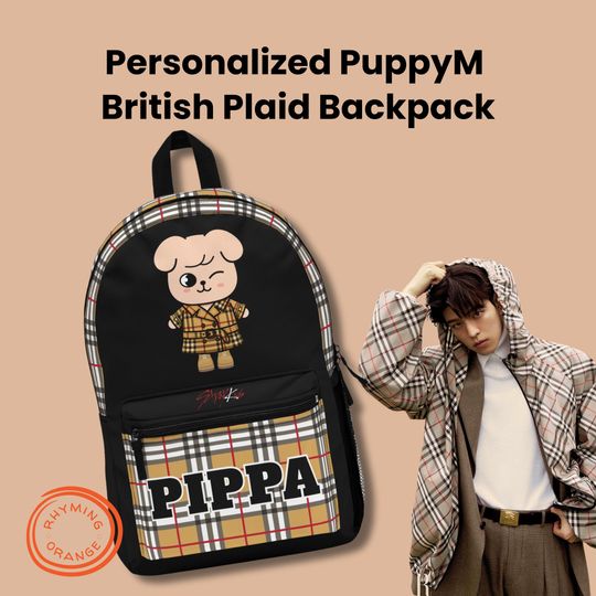 Personalized PuppyM British Plaid Backpack, Stray Kids Seungmin SKZoo Trendy School Bag, KPop SKZ Fashion Idol Ambassador Work Gym Couture