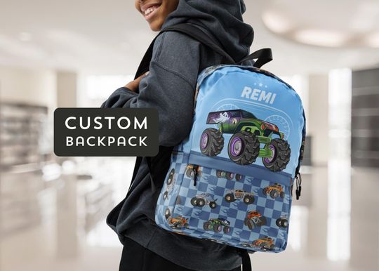 Custom Blue Checkered Monster Trucks Backpack for Kids