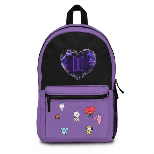 BTS Logo Heart Themed Backpack with BT21 Characters - Gift for Kpop Fans and BTS Army