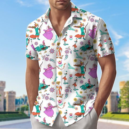Robin Hood Hawaiian Shirt, Fox and Maid Marian Button Shirt Outfit, Robin Hood Man Shorts, Cute Animal Cartoon Summer Shirt