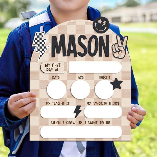 Checkered First Day School Sign, Back To School Sign For Boys, 1st Day Of Kindergarten Sign, First And Last Day School Sign For Kids