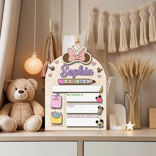 Custom Name First Day of School Disney Board for Kid, Custom Wooden Schoolboard with Cute Disney Designs,Back to School Decor,Gift for Child
