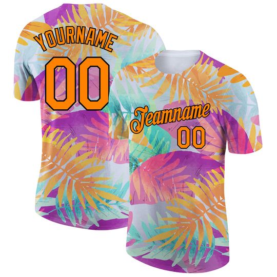 Custom White Bay Orange-Black 3D Pattern Design Hawaii Palm Leaves Performance T-shirt