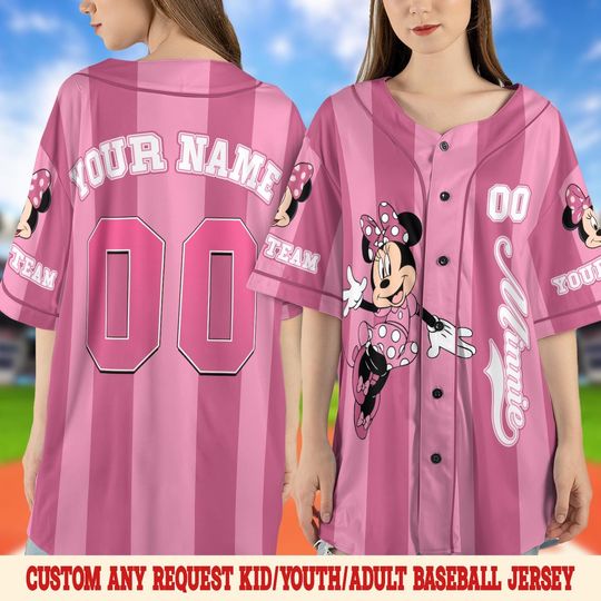 Custom Disney Minnie Mouse Baseball Jersey, Personalized Mickey And Friends Baseball Jersey, Minnie Birthday Party Jersey Gift