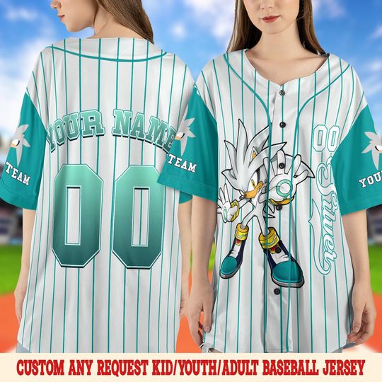 Custom Silver The Hedgehog Baseball Jersey, Personalized Silver Baseball Jersey, Sonic Birthday Party Jersey, Sonic Birthday Gift