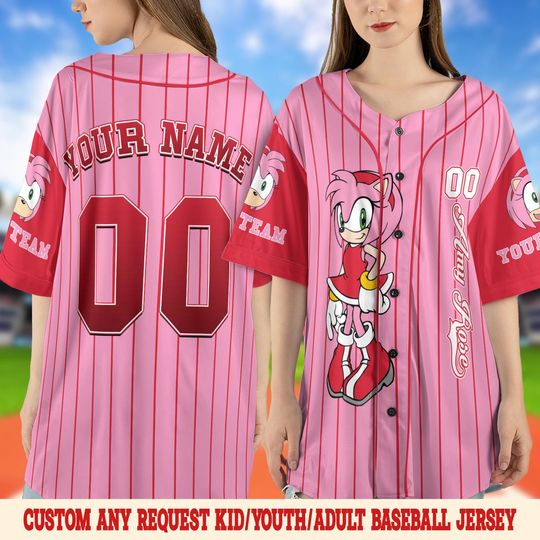 Custom Amy Rose Baseball Jersey, Personalized Sonic Baseball Jersey, Amy Rose Birthday Party Jersey, Sonic Birthday Gift