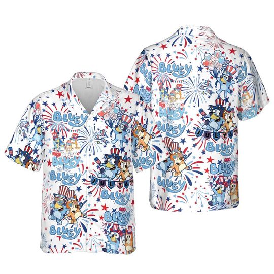 Custom Name BlueyDad 4th of July Hawaiian Shirt, Red White BlueyDad Summer Beach Shirt