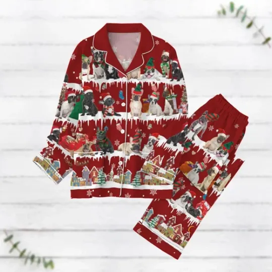 Christmas French Bulldog Dog Pajamas Set, Luxury Silk Pajamas Soft Sleepwear For