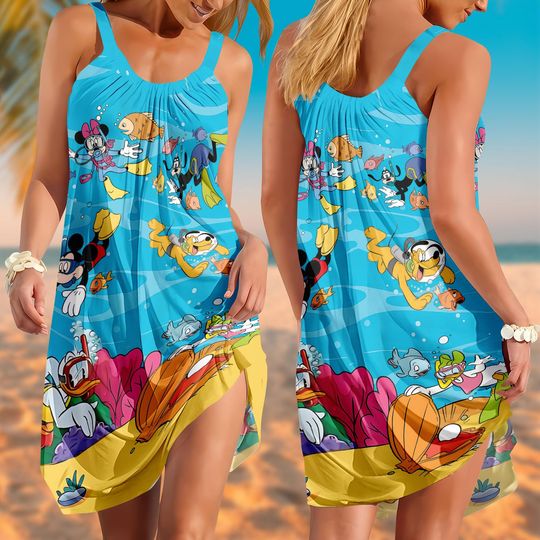 Disney Mickey Minne Mouse Dress, Summer Cartoon Swim Casual Dress For Women, Finding Nemo Cruise Sling Dress, Magic Kingdom Hawaiian Dr
