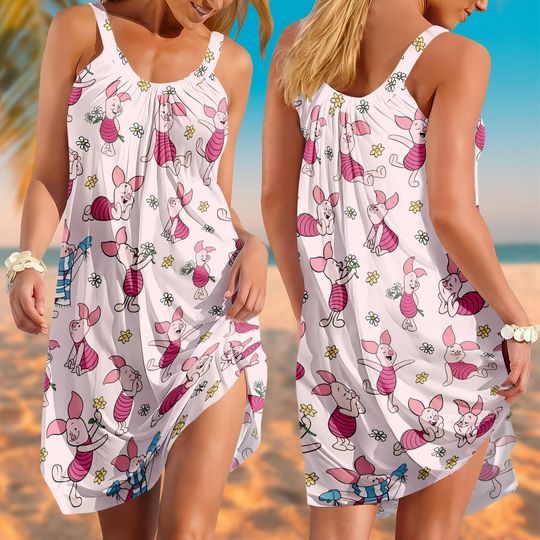 Piglet Sing Summer Dress, Winnie the Pooh Floral Dress, Cute Disney Outfit, Summer Cartoon Fashion, Disney Piglet Summer Gift