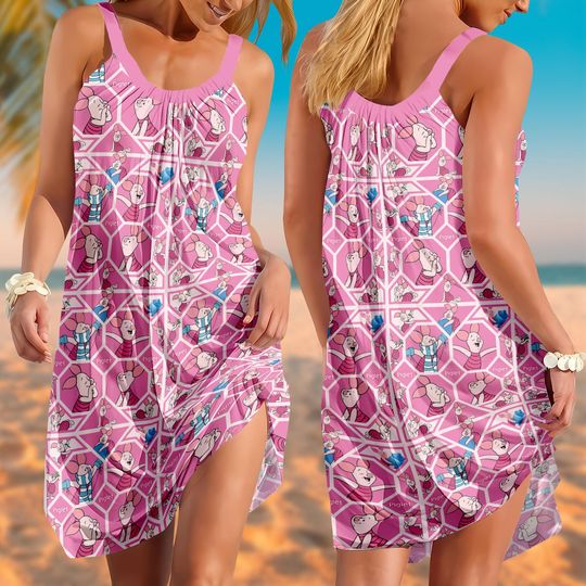 Piglet Pink Sling Summer Dress, Winnie the Pooh Cartoon Dress, Disney Summer Outfit, Cute Pastel Picnic Dress, Disneyland Outfit Summer