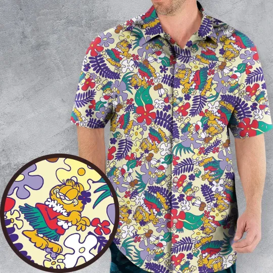 Garfield Hawaiian Button Down Shirt Unisex Adults