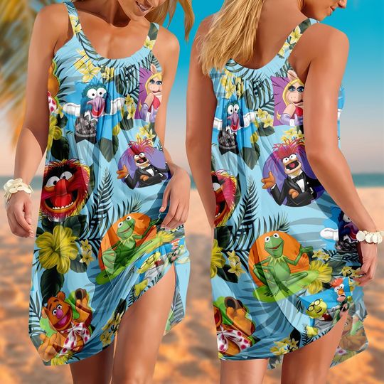 Muppets Summer Beach Dress, Kermit Sleeveless Dress, Miss Piggy Vacation Outfit, Cartoon Sundress, Retro Tropical Print Dress