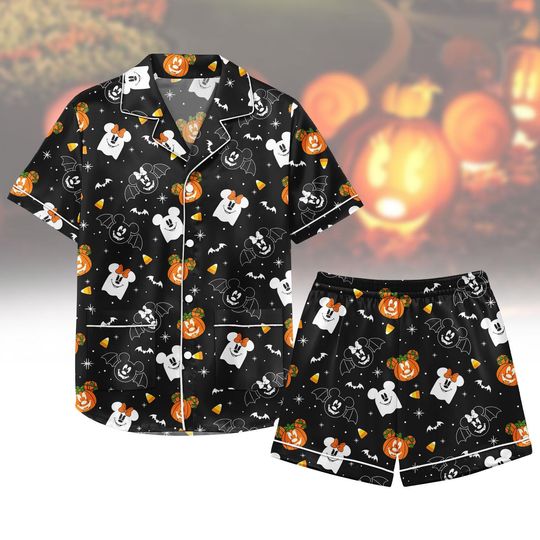 Funny Halloween Pajamas, Disney Pumpkin & Ghost Mouse Print Pajamas, Short Sleeve Sleepwear for Spooky Nights, Cozy Halloween Out