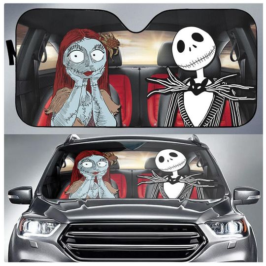 Halloween Jack And Sally Car Sunshade, Nightmare Before Christmas Sunshade, Jack Skellington Auto Sunshade, Halloween Decor