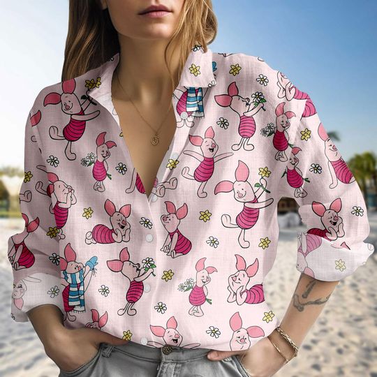 Piglet Blouse Shirt, White Floral Linen-Look Shirt, Pooh Bear Summer Shirt, Cute Disney Cartoon Outfit, Blouse Women Shirt