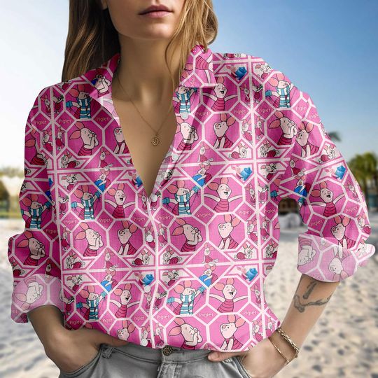 Piglet Linen-Look Shirt, Winnie the Pooh Blouse Shirt, Pink Grid Button Up Shirt, Disney Summer Shirt, Cartoon Summer Outfit, Blouse Wo