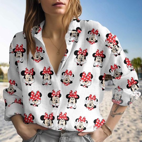 Minnie Mouse Blouse Shirt, Cute Linen Button Up for Disney Fans, Disney Button Up Gift, Summer Blouse Gift For Mom