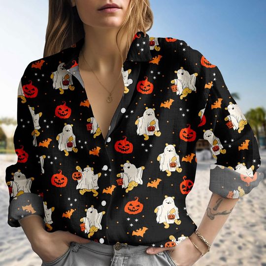 Halloween Winnie The Pooh Ghost Blouse Shirt, Fall Autumn Leaf Women Shirt, Spooky Season Shirt, Halloween Party Gift