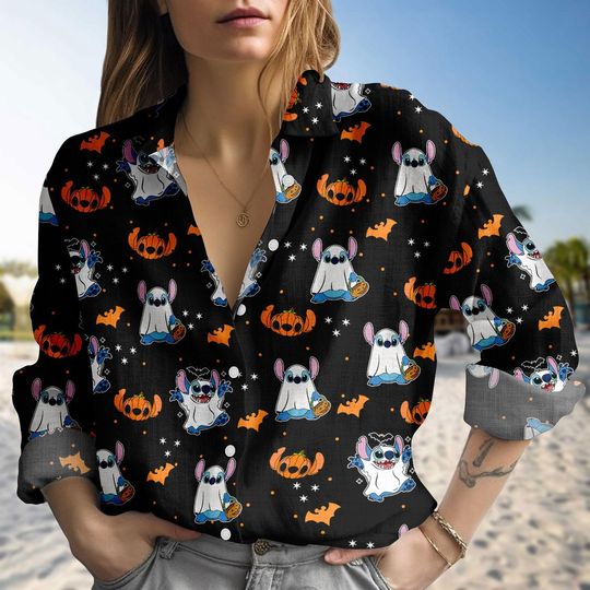 Halloween Stitch Ghost Blouse Shirt, Fall Autumn Leaf Women Shirt, Spooky Season Gift, Halloween Party Gift