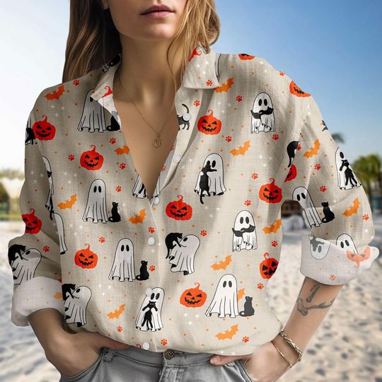 Halloween Black Cat Pumpkin Blouse Shirt, Ghost Cat Women Shirt, Autumn Casual Shirt, Spooky Season Gift