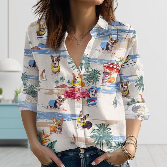 Corgi Beach Linen-Look Shirt, Funny Summer Dog  Blouse Shirt, Hawaiian Style Beach Shirt, Vacation Outfit, Cute Corgi Gift