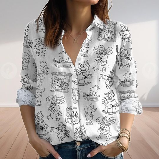 Winnie the Pooh Sketch Blouse Shirt, Classic Pooh Linen Look Shirt, Vintage Cartoon Blouse Women Shirt, Pooh Linen Look Shirt