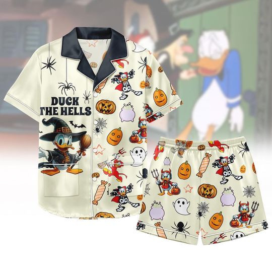 Disney Duck Halloween  Pajamas, Donald Duck The Hell Pajamas Set, Pumpkin & Duck Horror Print Short Pajamas, Soft Spooky Season Ou