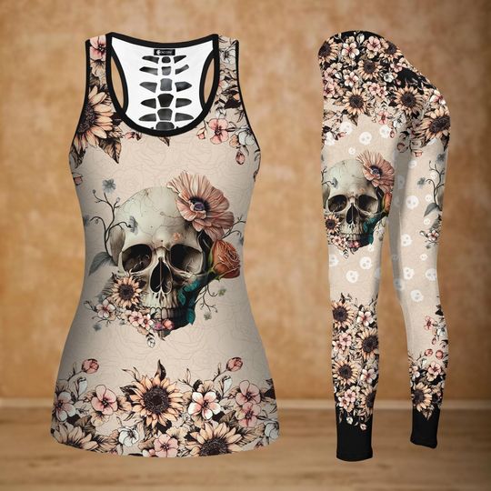 Floral Skull Tank Top, Gothic Women Legging, Boho Dark Romance Yoga Pant, Skeleton Workout Shirt For Women, Birthday Gift For Her