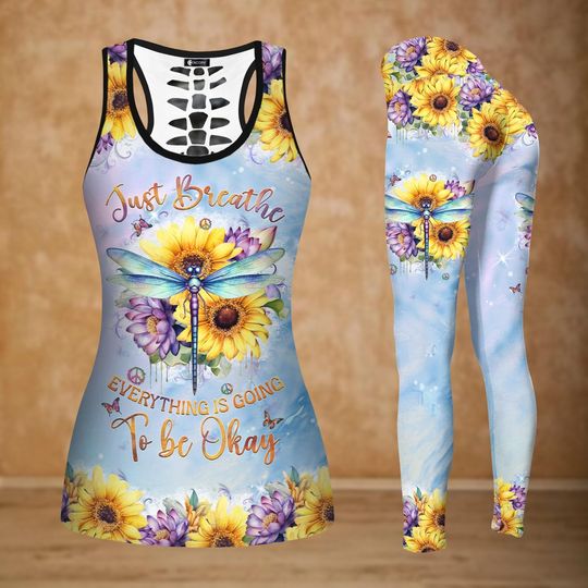Dragonfly Sunflower Tank Top, Cute Women Leggings, Just Breathe Positive Quote Workout Outfit, Healing Shirt For Her, Birthday Gift