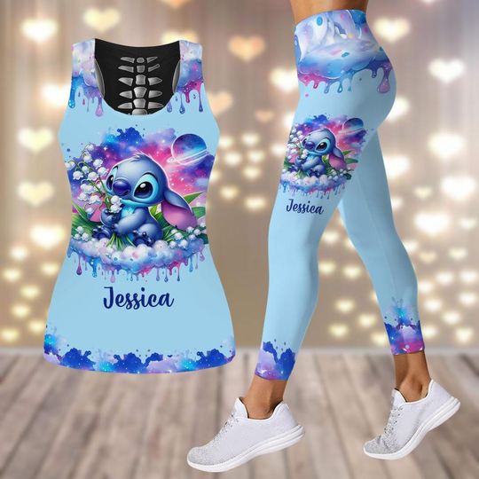 Custom Stitch Tank Top, Disney Stitch Leggings, Lilo And Stitch Yoga Tank Top, Disneyland Workout Tops, Leggings For Girls, Summer Gift